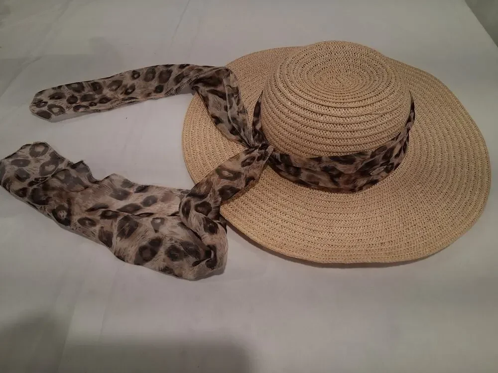 Women's Tan Straw Sun Hat Leopard Scarf Tie Wide Brim Style CS-7-8 Size 57cm